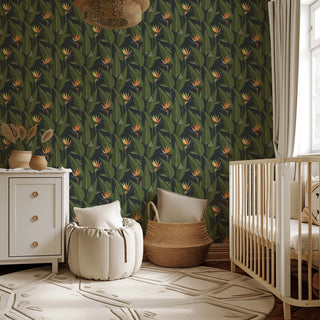 Mitchell Black Birds of Paradise Botanical Wallpaper nursery in shade Black at Say Decor