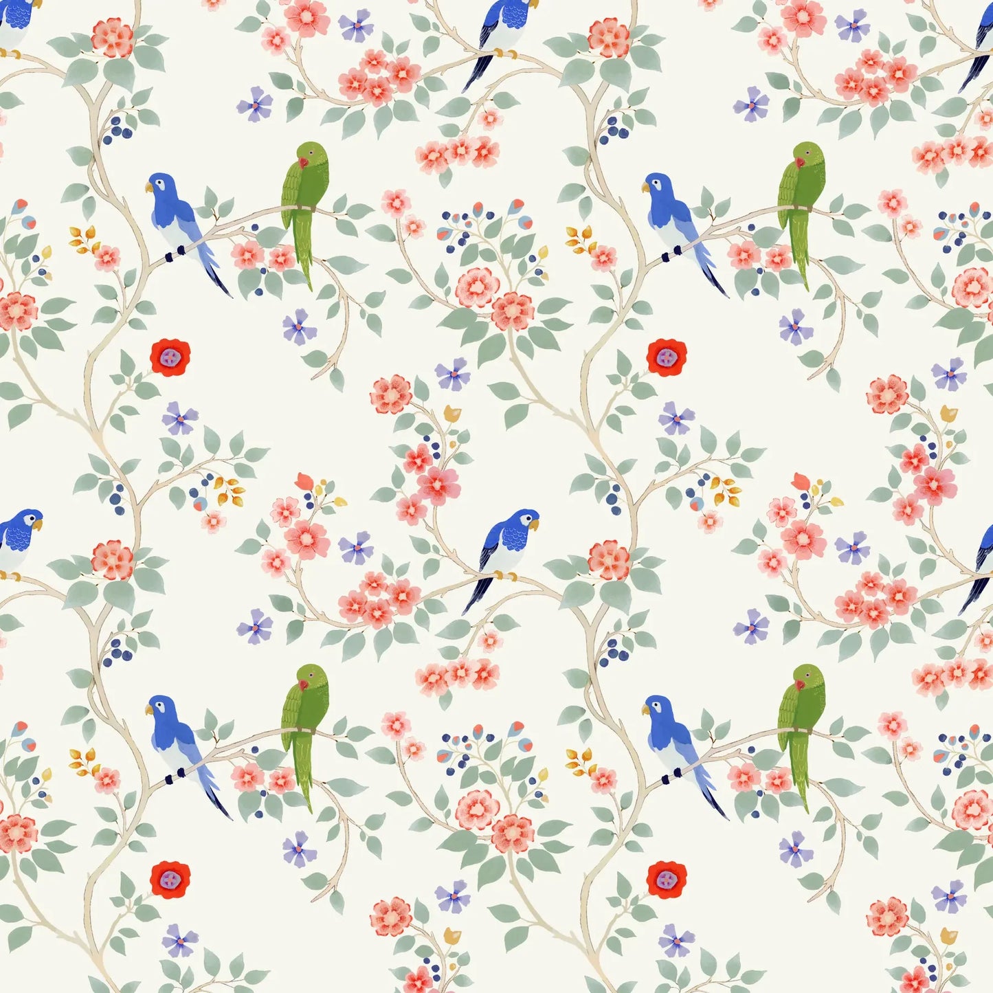 Mitchell Black Blossom Perch Chinoiserie Wallpaper in shade Antique Blue at Say Decor