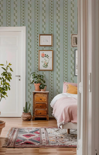Mitchell Black Lady Charlotte Botanic Stripe Wallpaper bedroom in shade Ash Blue at Say Decor