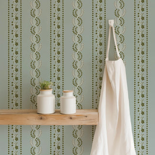 Mitchell Black Lady Charlotte Botanic Stripe Wallpaper decor in shade Ash Blue at Say Decor