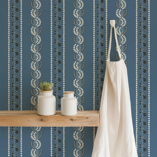 Mitchell Black Lady Charlotte Botanic Stripe Wallpaper Decor in shade Blue Salt at Say Decor