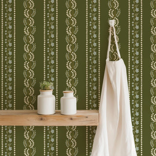 Mitchell Black Lady Charlotte Botanic Stripe Wallpaper Decor in shade Olive at Say Decor
