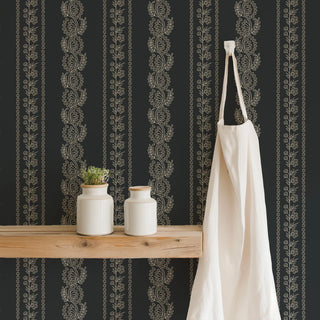 Mitchell Black Lady Charlotte Botanic Stripe Wallpaper Decor in shade Black at Say Decor
