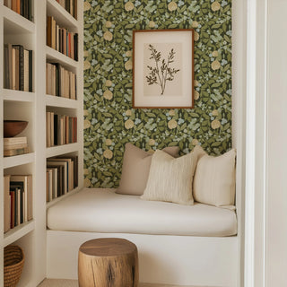 Mitchell Black Botanical Legacy Budding Grove Floral Wallpaper reading nook in shade Olive at Say Decor