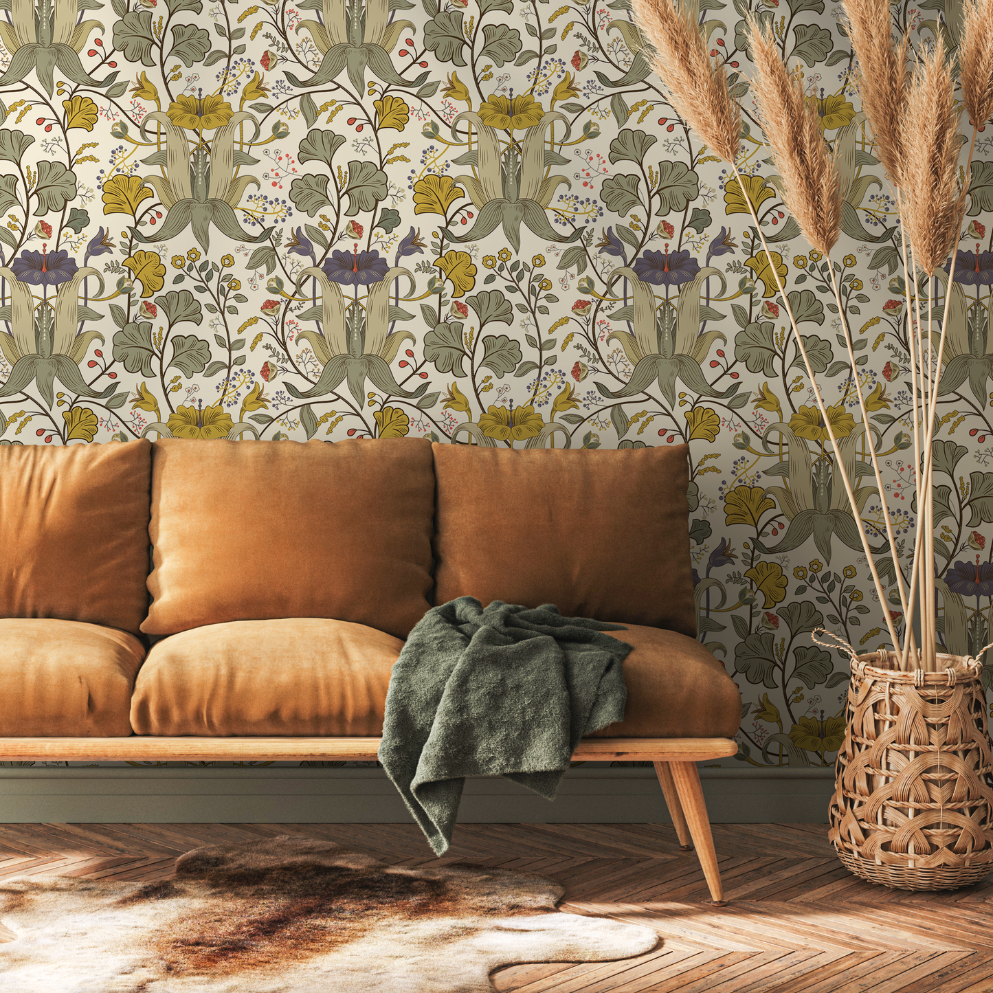 Art Nouveau vintage floral lily wallpaper living room at Say Decor