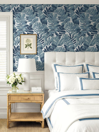 CC20202 California Coastal Aureliana Blue Tropical Leaf Unpasted Wallpaper Bedroom at Say Decor