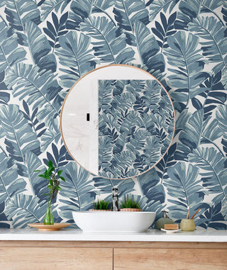 CC20202 California Coastal Aureliana Blue Tropical Leaf Unpasted Wallpaper Bathroom at Say Decor