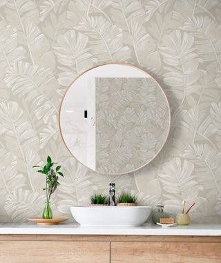 CC20205 California Coastal Aureliana Neutral Tropical Leaf Unpasted Wallpaper Bathroom at Say Decor