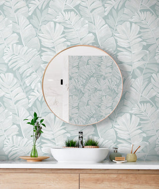 CC20212 California Coastal Aureliana Neutral Tropical Leaf Unpasted Wallpaper Bathroom at Say Decor