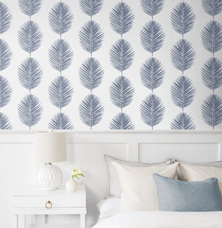 CC20812 California Coastal Saltair Blue Palm Leaf Unpasted Wallpaper bedroom from the California Coastal collection by Seabrook Designs