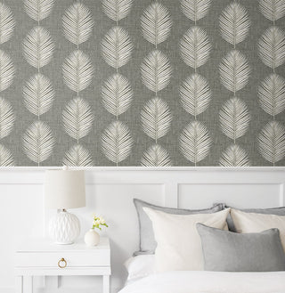 CC20818 California Coastal Saltair Grey Palm Leaf Unpasted Wallpaper bedroom from the California Coastal collection by Seabrook Designs