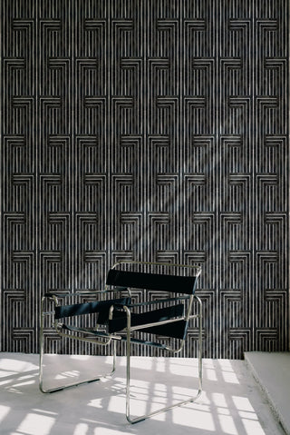Mitchell Black Chiseled Geometric Wallpaper entryway in shade Black at Say Decor