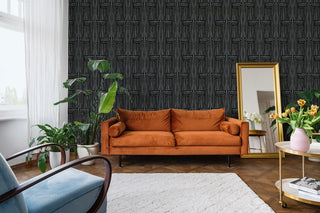 Mitchell Black Chiseled Geometric Wallpaper living room in shade Black at Say Decor
