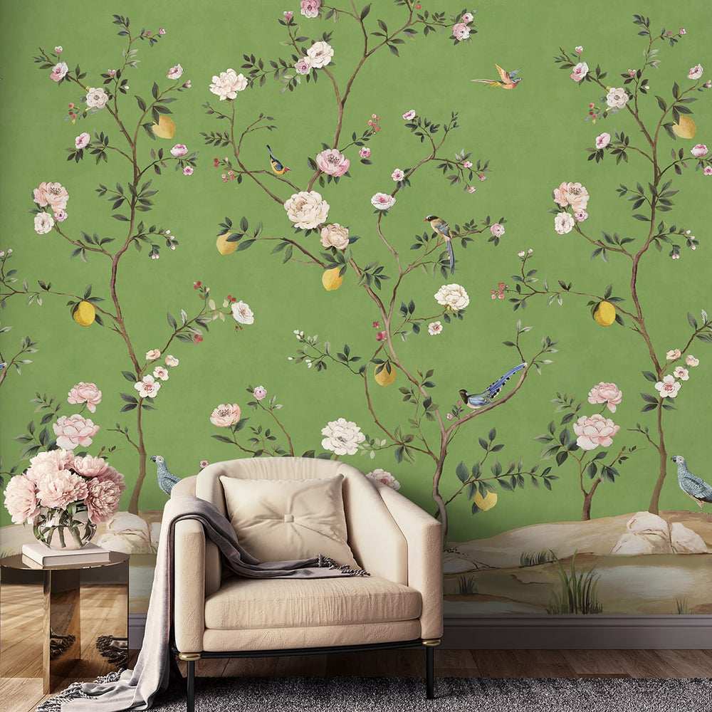Chinoiserie green peel and stick wall mural living room from Daisy Bennett Designs