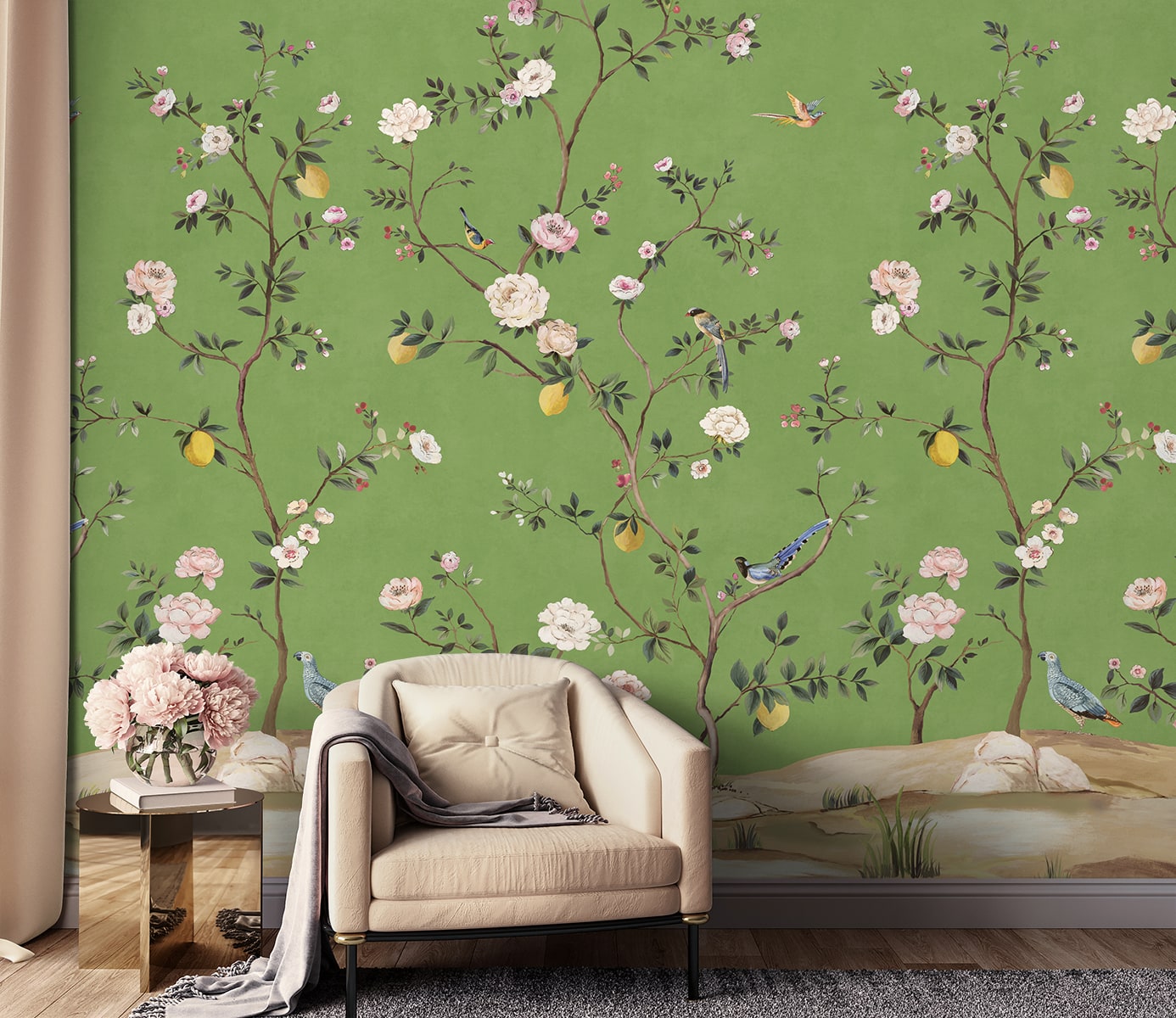 Chinoiserie green peel and stick wall mural living room from Daisy Bennett Designs