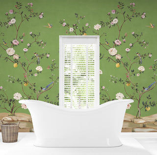 Chinoiserie green peel and stick wall mural bathroom from Daisy Bennett Designs