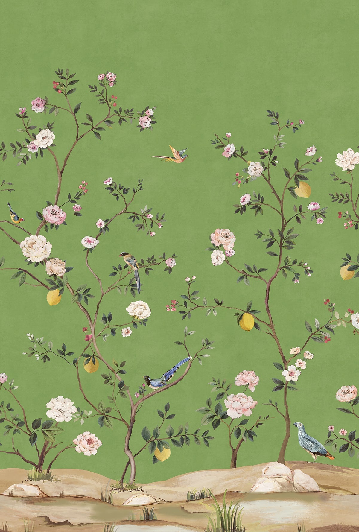 Chinoiserie green peel and stick wall mural from Daisy Bennett Designs