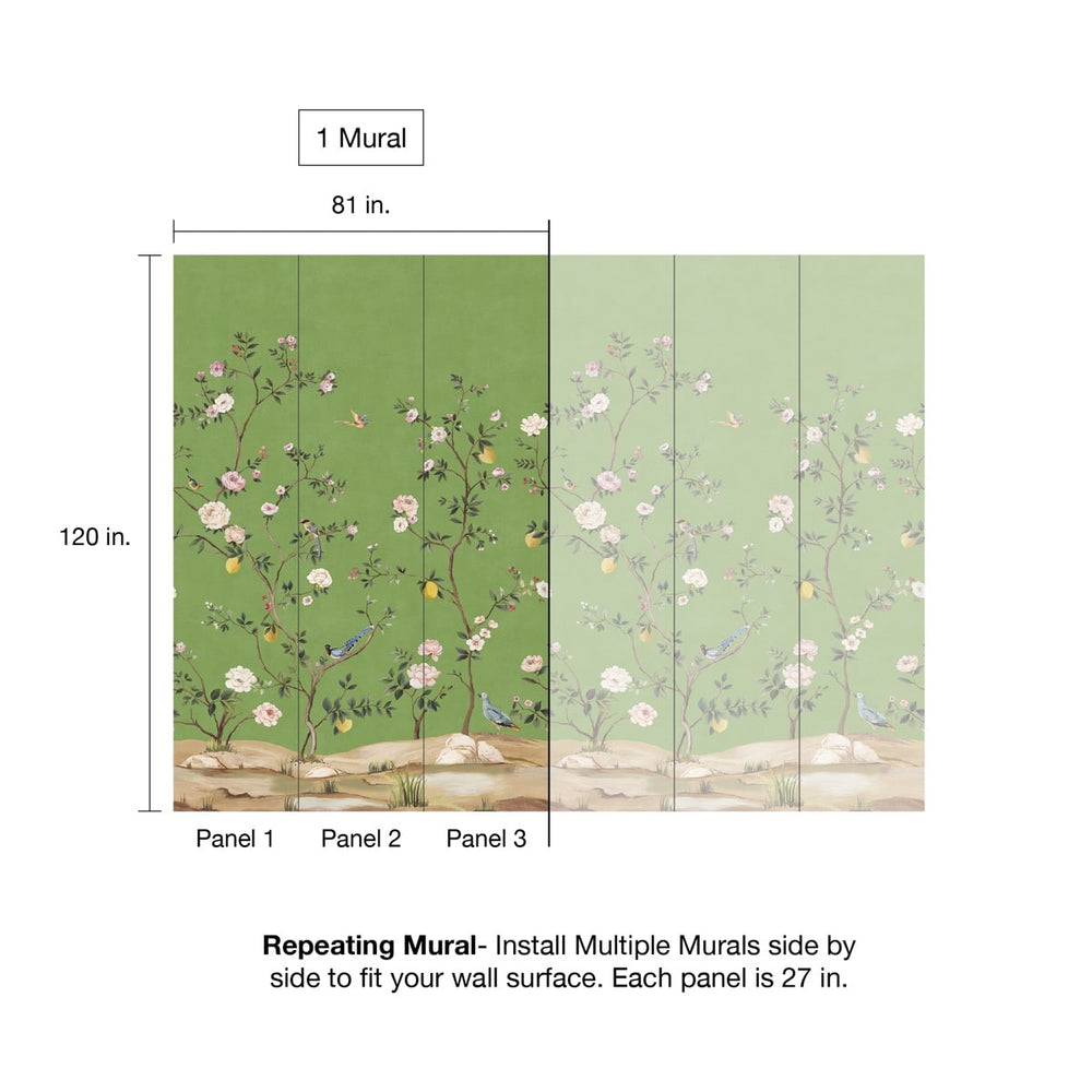 
                  
                    Chinoiserie green peel and stick wall mural scale from Daisy Bennett Designs
                  
                