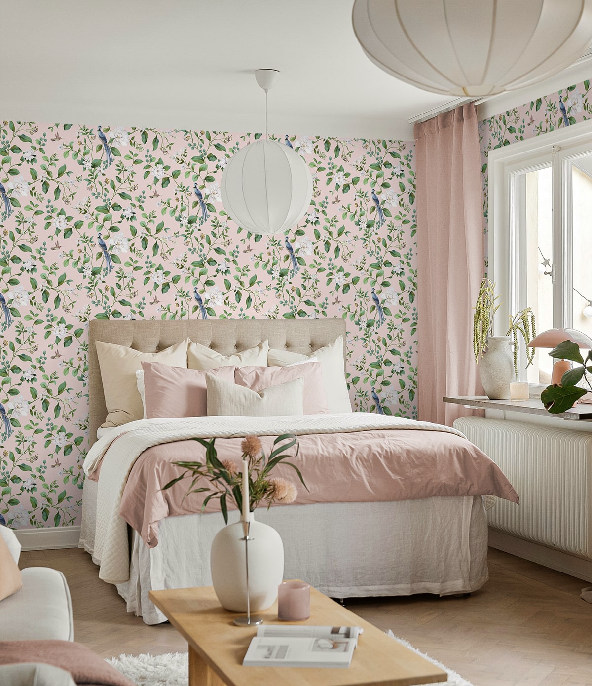 DB20801 chinoiserie peel and stick wallpaper bedroom from Daisy Bennett Designs