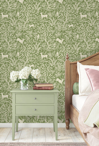 Green Scandi Forest Premium Matte Non-Woven Peel and Stick Wallpaper Bedroom from Say Decor