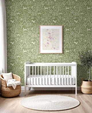 Green Scandi Forest Premium Matte Non-Woven Peel and Stick Wallpaper Nursery from Say Decor