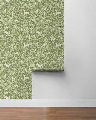 Green Scandi Forest Premium Matte Non-Woven Peel and Stick Wallpaper Roll from Say Decor