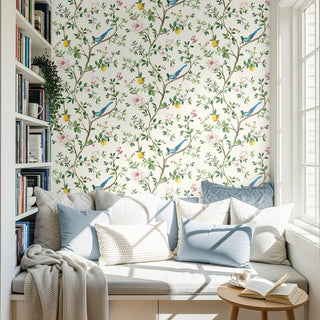 DB21200 Blossom Chinoiserie Floral Premium Matte Non-Woven Peel and Stick Wallpaper Reading Nook at Say Decor