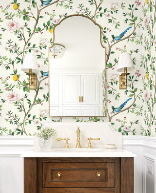 DB21200 Blossom Chinoiserie Floral Premium Matte Non-Woven Peel and Stick Wallpaper Bathroom at Say Decor