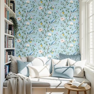 DB21202 Blossom Chinoiserie Floral Premium Matte Non-Woven Peel and Stick Wallpaper Reading Nook at Say Decor