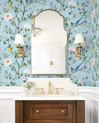 DB21202 Blossom Chinoiserie Floral Premium Matte Non-Woven Peel and Stick Wallpaper Bathroom at Say Decor