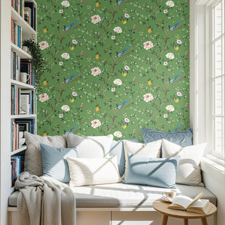 DB21204 Blossom Chinoiserie Floral Premium Matte Non-Woven Peel and Stick Wallpaper Reading Nook at Say Decor