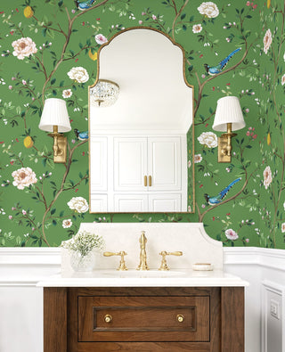 DB21204 Blossom Chinoiserie Floral Premium Matte Non-Woven Peel and Stick Wallpaper Bathroom at Say Decor