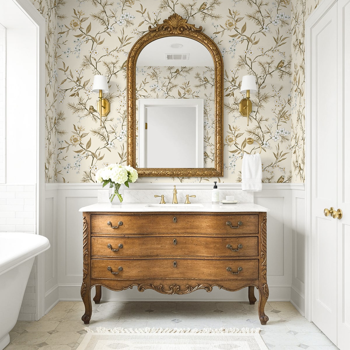DB21300 Woodland Chinoiserie Trail Premium Matte Non-Woven Peel and Stick Wallpaper Bathroom at Say Decor