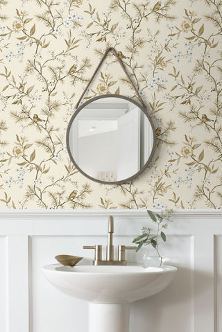 DB21300 Woodland Chinoiserie Trail Premium Matte Non-Woven Peel and Stick Wallpaper Bathroom at Say Decor