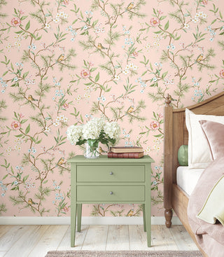 DB21301 Woodland Chinoiserie Trail Premium Matte Non-Woven Peel and Stick Wallpaper Bedroom at Say Decor