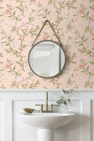 DB21301 Woodland Chinoiserie Trail Premium Matte Non-Woven Peel and Stick Wallpaper Bathroom at Say Decor
