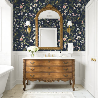 DB21302 Woodland Chinoiserie Trail Premium Matte Non-Woven Peel and Stick Wallpaper Bathroom at Say Decor
