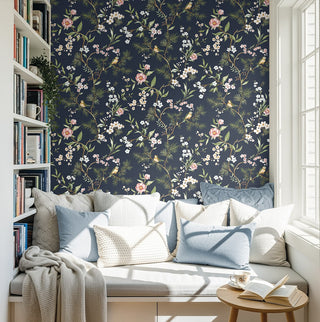 DB21302 Woodland Chinoiserie Trail Premium Matte Non-Woven Peel and Stick Wallpaper Reading Nook at Say Decor