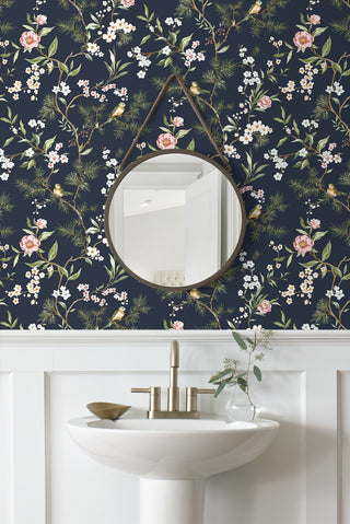 DB21302 Woodland Chinoiserie Trail Premium Matte Non-Woven Peel and Stick Wallpaper Bathroom at Say Decor