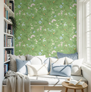 DB21304 Woodland Chinoiserie Trail Premium Matte Non-Woven Peel and Stick Wallpaper Reading Nook at Say Decor