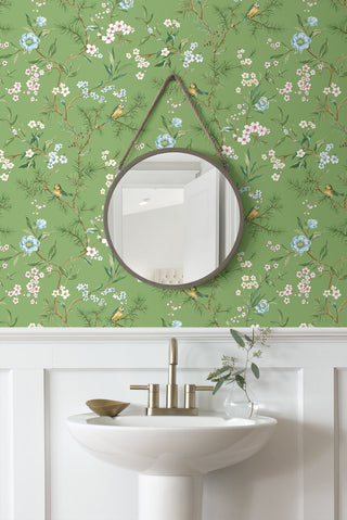 DB21304 Woodland Chinoiserie Trail Premium Matte Non-Woven Peel and Stick Wallpaper Bathroom at Say Decor