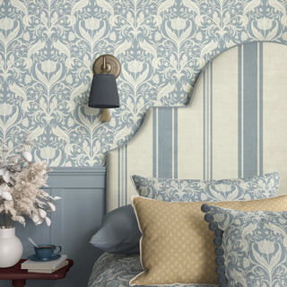 blue damask floral peel and stick wallpaper bedroom from Loomwell Home Goods