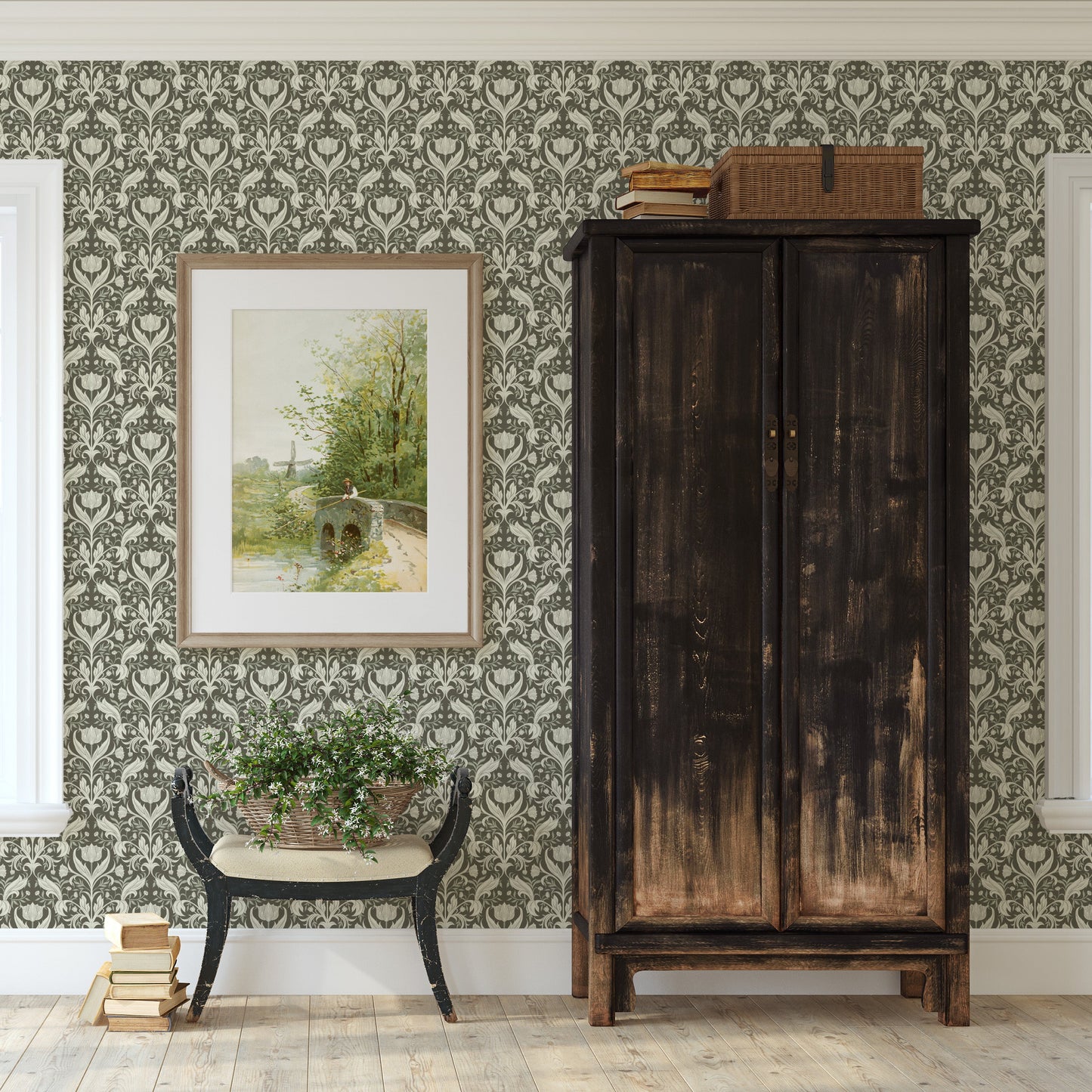 green damask floral peel and stick wallpaper living room from Loomwell Home Goods