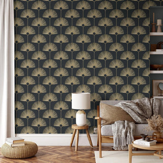 Mitchell Black Deco Fan Wallpaper Black Gold Living Room at Say Decor