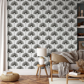 Mitchell Black Deco Fan Wallpaper Calligraphy Black Living Room at Say Decor