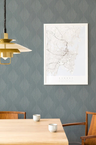 Mitchell Black Diamonds Geometric Wallpaper in shade Blue dining room at Say Decor
