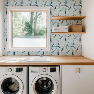 Mitchell Black Divers Illustration Wallpaper Blue Laundry Room at Say Decor