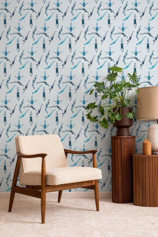 Mitchell Black Divers Illustration Wallpaper Blue Living Room at Say Decor