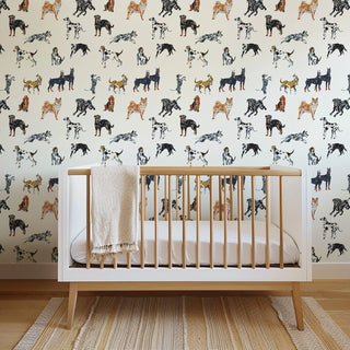Mitchell Black Dog Days Wallpaper nursery in shade White at Say Decor