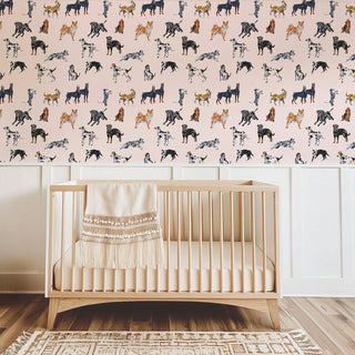 Mitchell Black Dog Days Wallpaper nursery in shade Pink at Say Decor